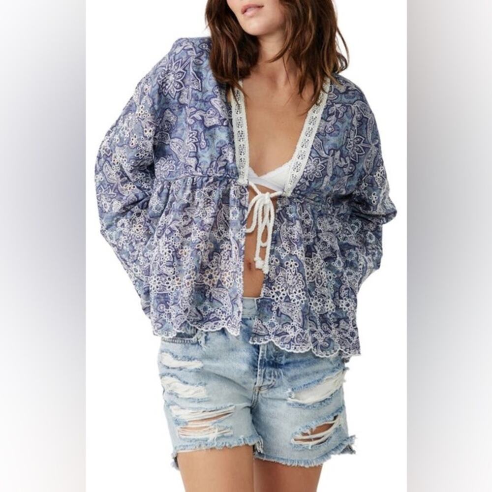 Free People Anissa Bed Jacket Eyelet Lace Tie Front Blue Combo Size S Beach Boho - Picture 2 of 15